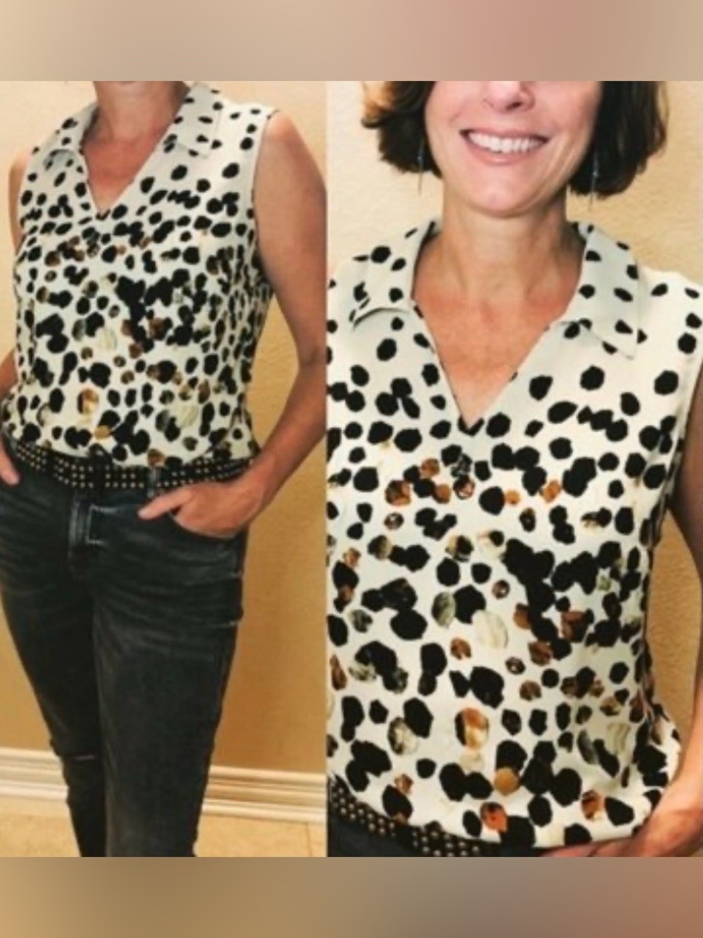 CAbi Neutral Blooming Polka Dot Sleeveless Collared Blouse Tank M